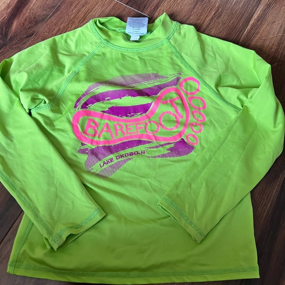 Kids Swim Shirt - Green and Pink Barefoot Lake Okoboji